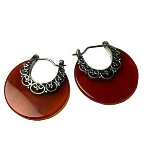 Carnelian and Sterling Silver Filigree Hoop Earrings